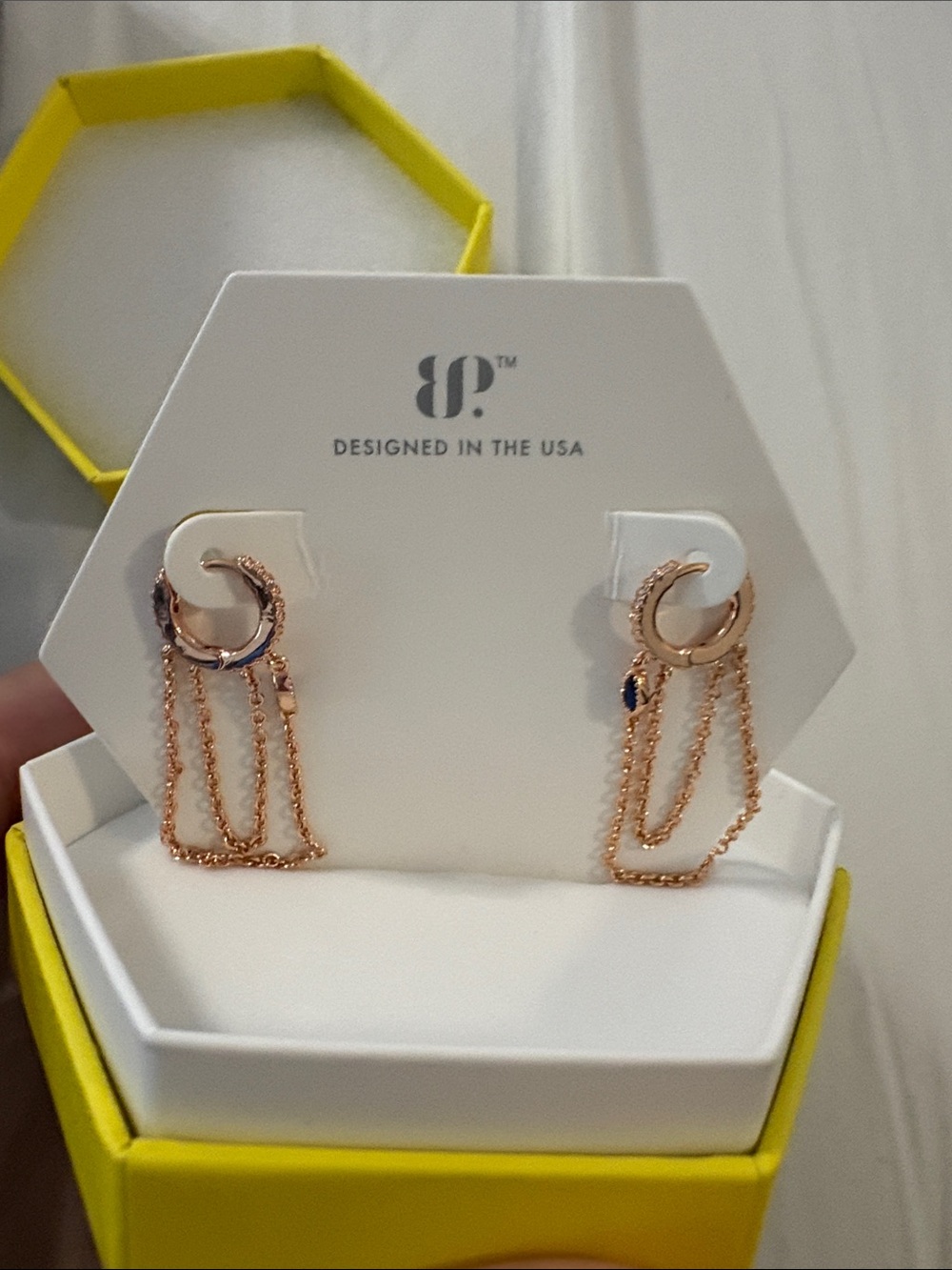 bp Rose Gold Chain Drop Hoop Earrings with Navy Accent